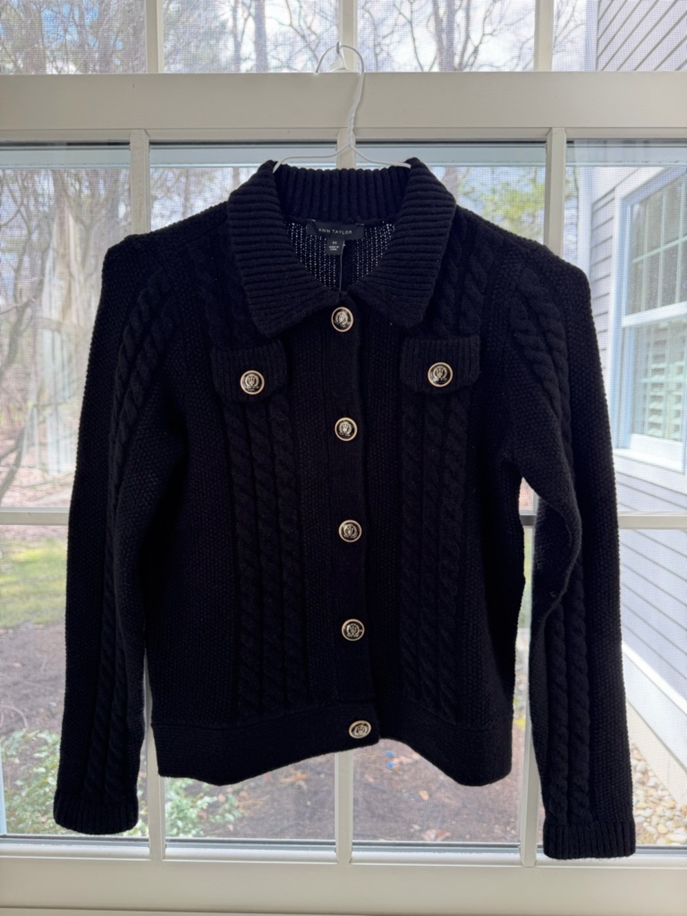 Ann Taylor Black Cable-Knit Button Front Cardigan Jacket